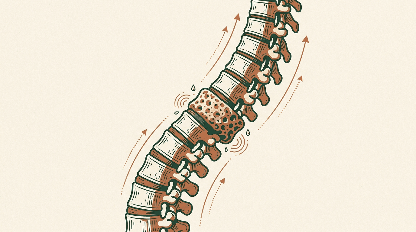 Anatomical illustration of a spine gently decompressing, with an intervertebral disc absorbing moisture like a sponge