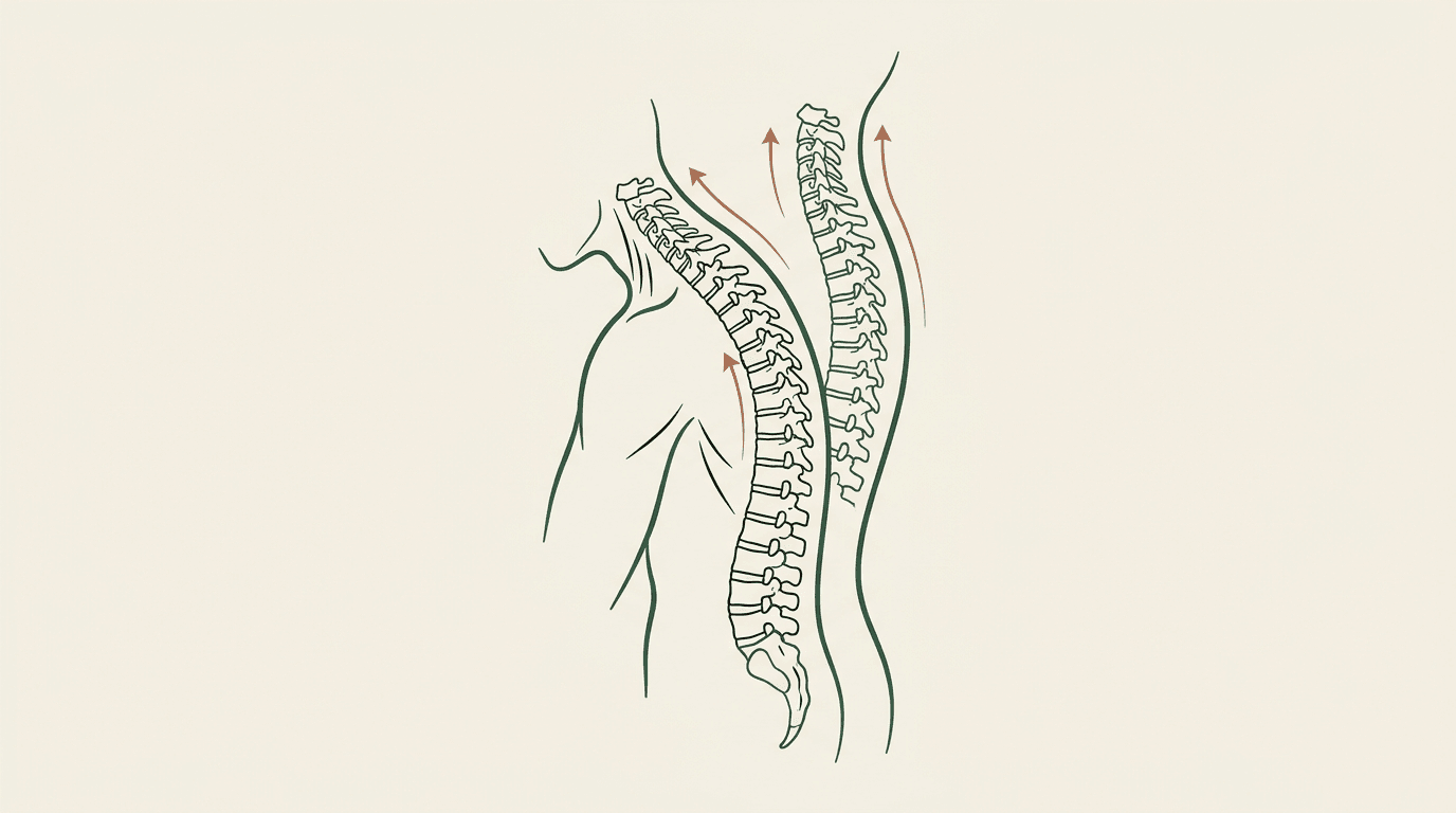 Diagram of posture realigning from a hunched position back toward neutral through gentle decompression