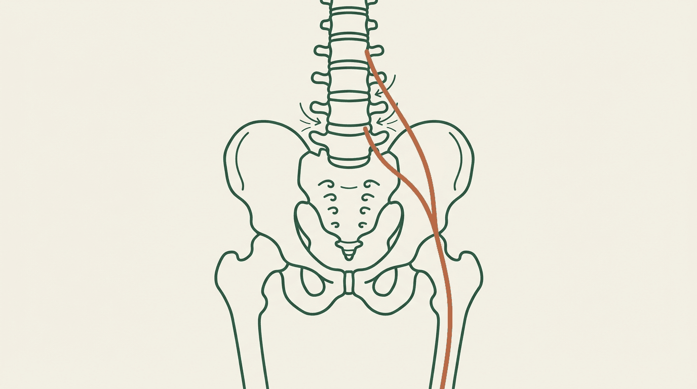 Diagram of the sciatic nerve pathway with decompression opening space around the lower spine to relieve nerve pressure