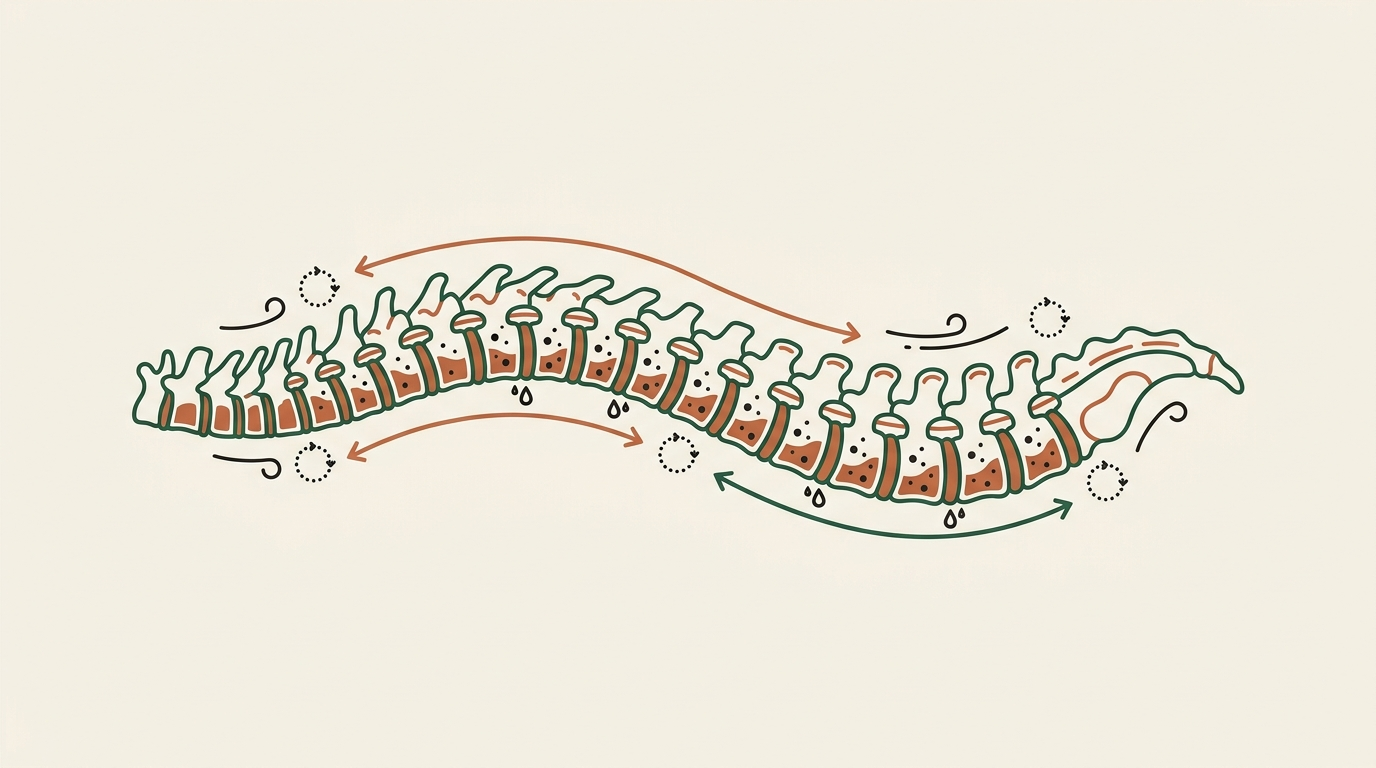 Diagram of the spine waking up as discs rehydrate and the back loosens in the morning